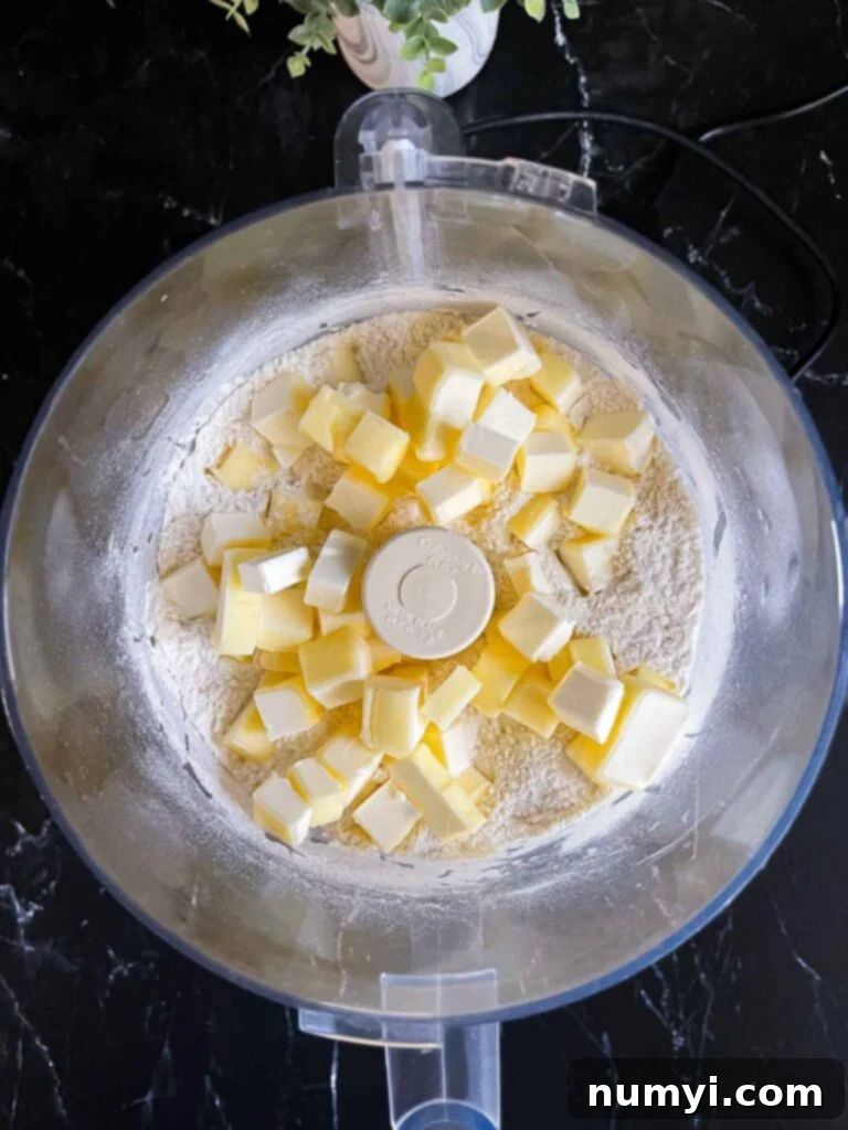 Ingredients for pie crust dough in a food processor
