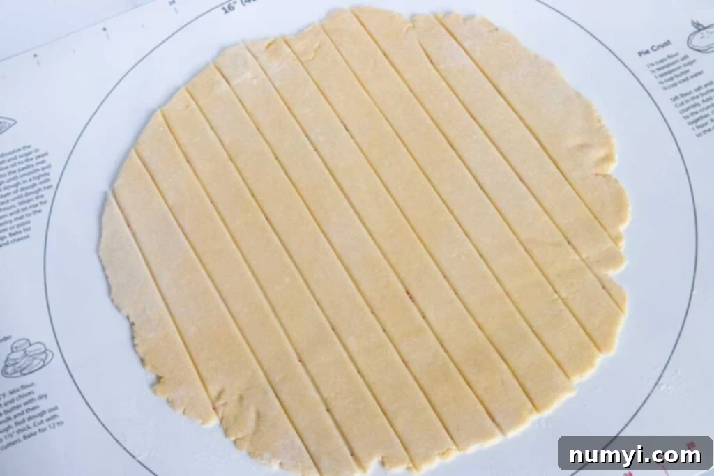 Pie dough rolled into a 12-inch circle and cut into strips.