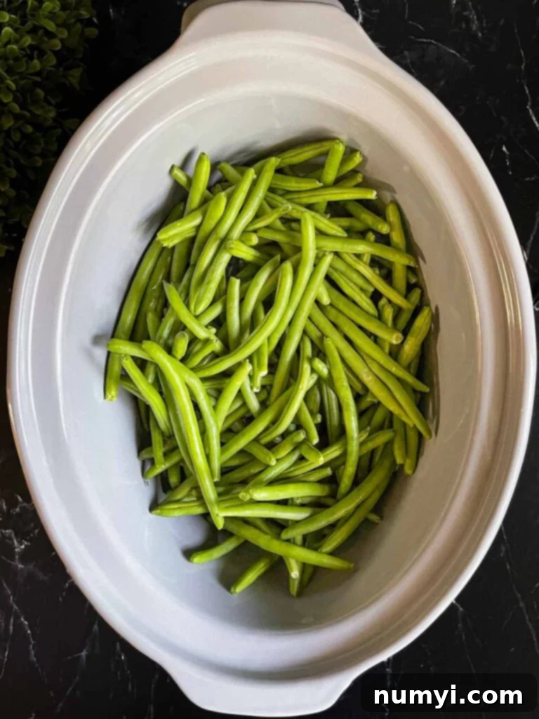Raw green beans in a slow cooker.