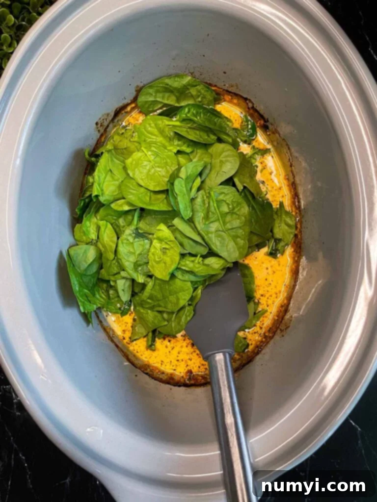 Creamy Slow Cooker Tuscan Chicken 10 Adding spinach to the Tuscan chicken in a slow cooker.