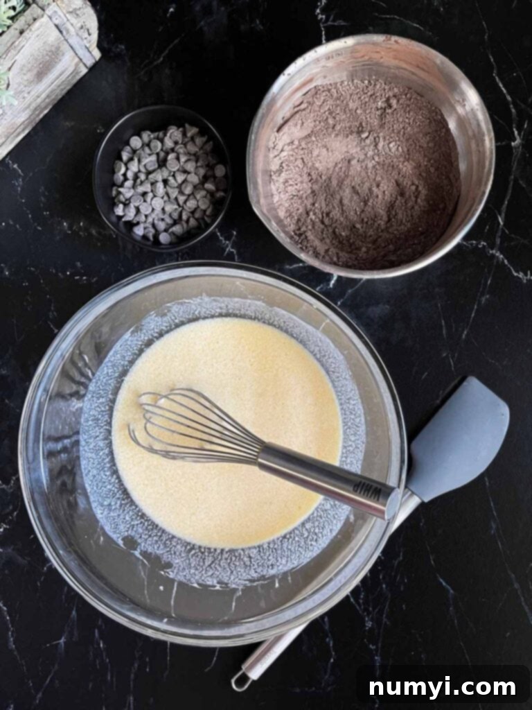 Ingredients set up to mix for double chocolate muffins.