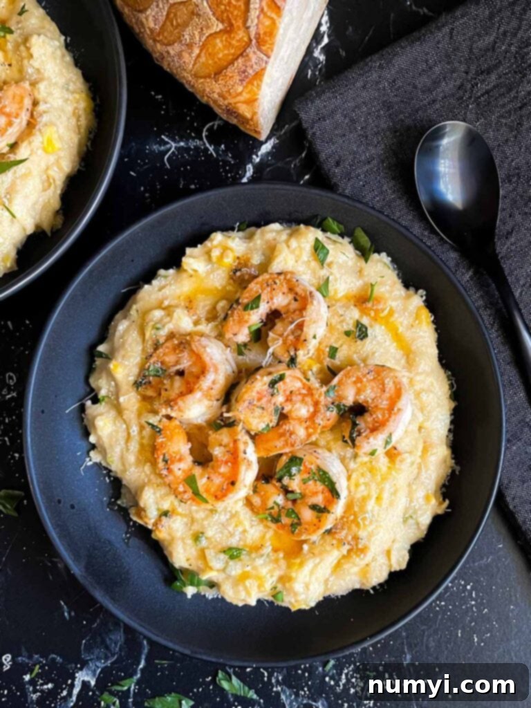 Spicy shrimp on a bed of Cajun polenta in a dark bowl.