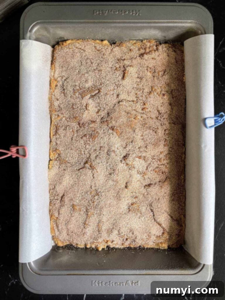Effortlessly Chewy Snickerdoodle Bars 9 Unbaked Snickerdoodle Bars dough evenly spread in the parchment paper lined baking pan, topped with cinnamon sugar.