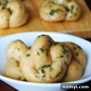 Irresistible Garlic Knots 3 Close-up of golden brown garlic knots with a glossy finish.