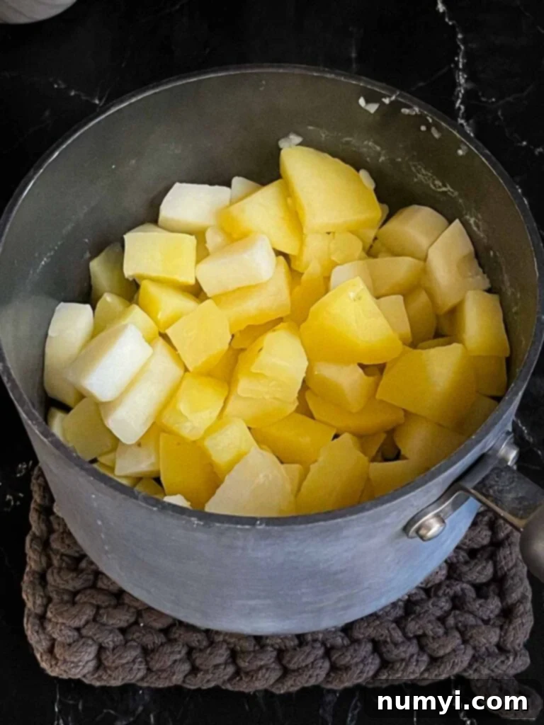 Perfectly cooked, tender potatoes sitting in a saucepan after being drained, ready for mashing.