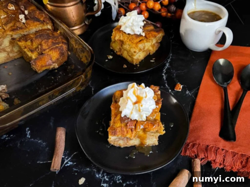 Salted Caramel Swirl Pumpkin Bread Pudding 2 A beautiful slice of pumpkin bread pudding, perfectly golden brown and moist, elegantly garnished with a swirl of whipped cream and a luxurious drizzle of glistening salted caramel sauce, resting on a sophisticated dark surface, ready to be savored.