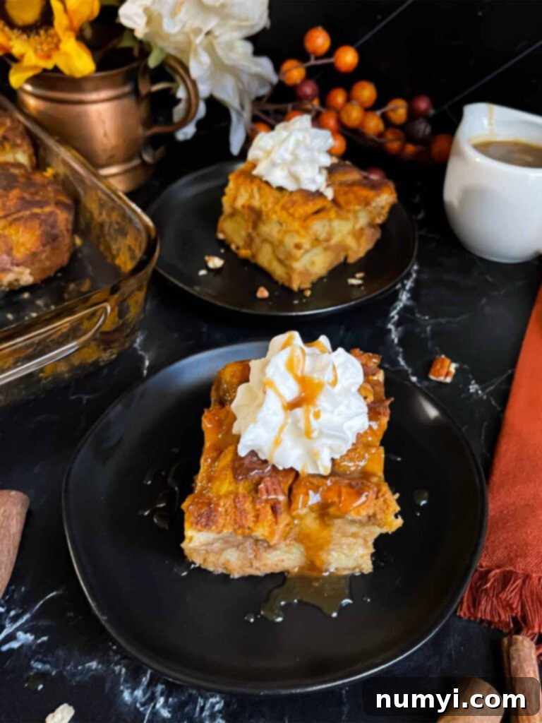 Salted Caramel Swirl Pumpkin Bread Pudding 12 A perfectly portioned slice of warm pumpkin bread pudding, beautifully adorned with a cloud of whipped cream and a luxurious drizzle of glistening salted caramel sauce, presented on a dark plate, inviting you to take a bite.