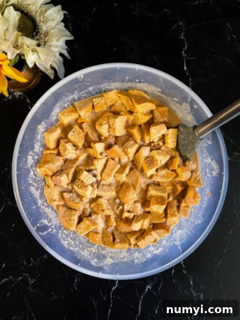 Salted Caramel Swirl Pumpkin Bread Pudding 7 Bread cubes and pecans thoroughly mixed and coated with the pumpkin custard in a large mixing bowl, showing even saturation, on a dark surface.