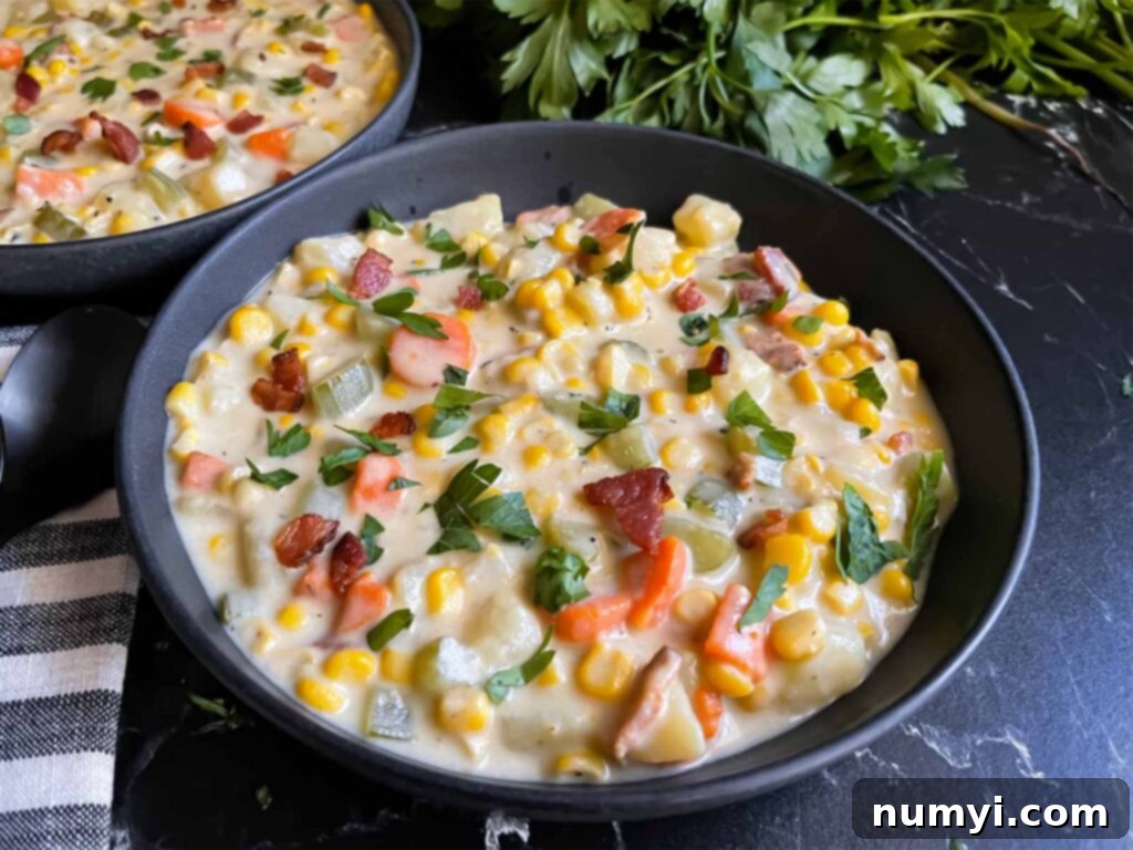 Velvety Potato Corn Chowder with Crispy Bacon 2 Potato corn chowder in a dark bowl on a dark surface.