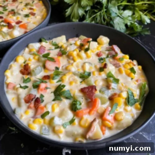 Velvety Potato Corn Chowder with Crispy Bacon 13 Potato corn chowder in a dark bowl on a dark surface.