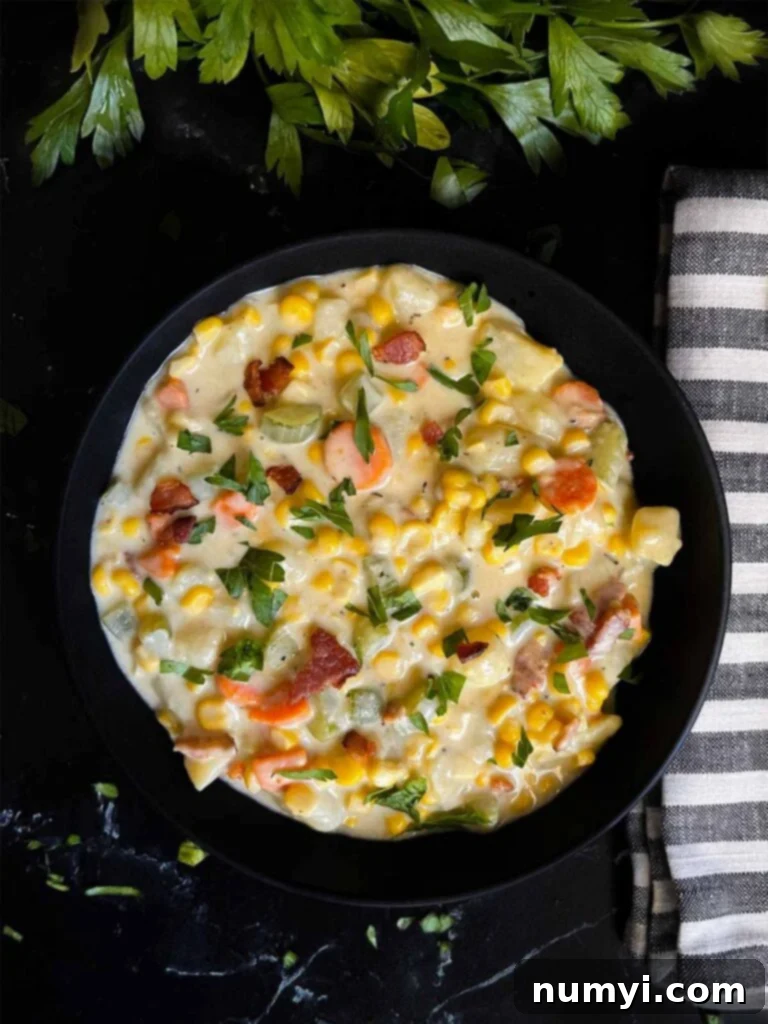Velvety Potato Corn Chowder with Crispy Bacon 3 Potato corn chowder in a dark bowl on a dark surface.