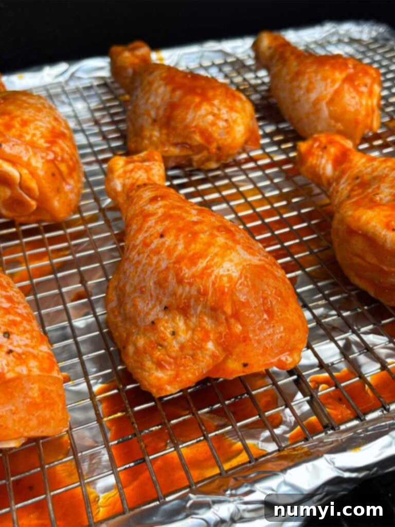 Chicken legs freshly placed into the smoker, ready to absorb delicious smoke flavor.