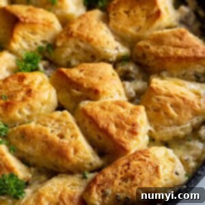 Biscuits and Gravy Casserole with a crispy top layer