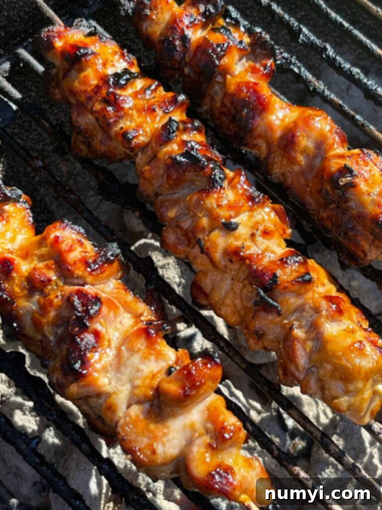 Chicken teriyaki skewers on a Weber grill.