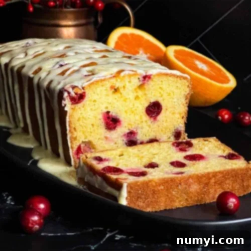 Zesty Cranberry Orange Loaf 14 Cranberry Orange bread with an orange glaze on a dark surface with one slice laying on its side showing the interior.