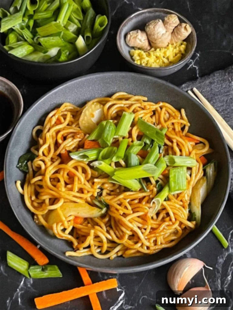 A vibrant bowl of vegetable lo mein, garnished with fresh green onions, sitting on a dark background, highlighting its rich colors and appetizing texture.