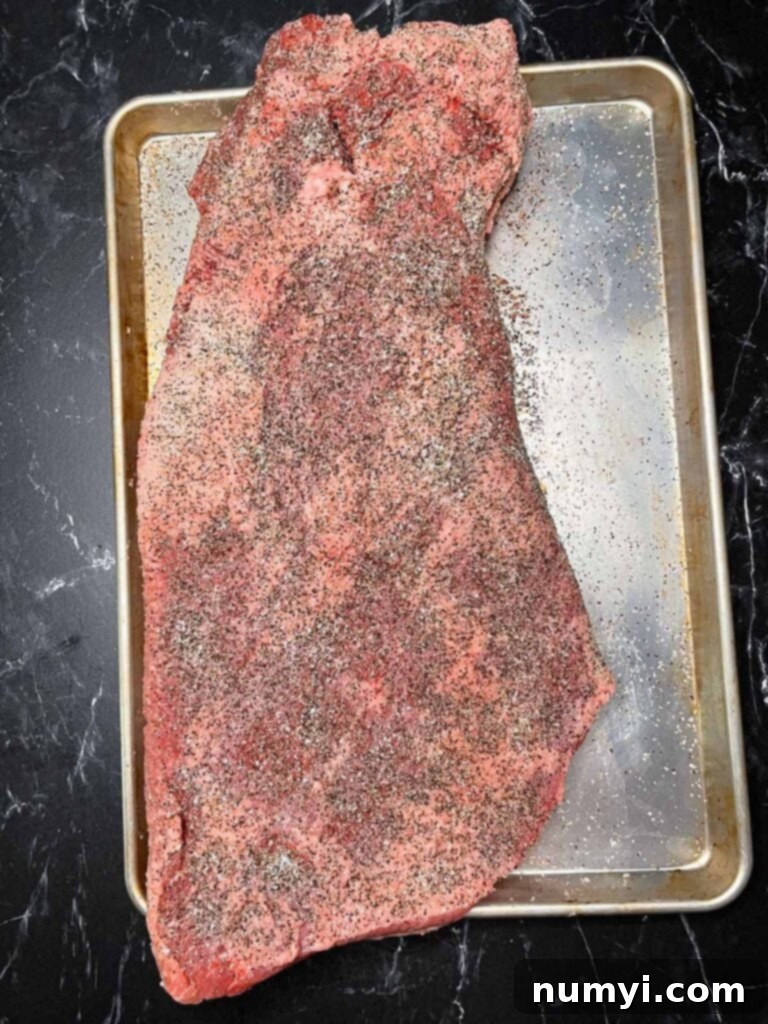 A rubbed brisket, meat side up.