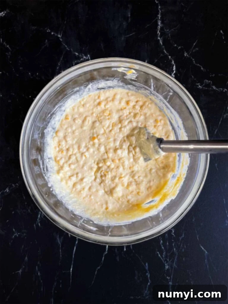 Finished corn casserole batter mixed to a smooth consistency in a clear glass bowl, ready for baking.