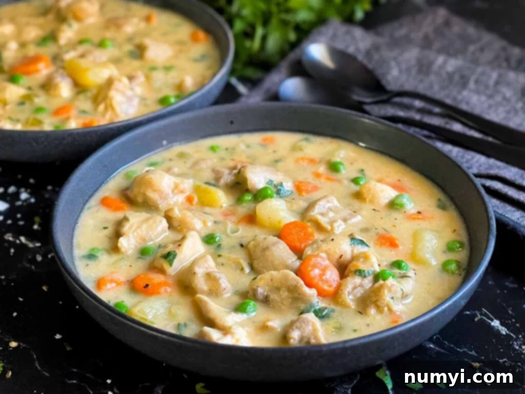 Chicken stew in a dark bowl, garnished with fresh herbs.