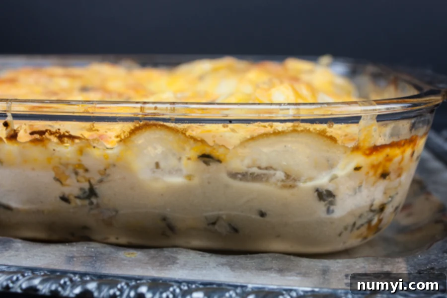 Homestyle Smothered Pork Chops and Potatoes 6 side view of Smothered Pork Chops and Potatoes in a baking dish, showcasing the layers.