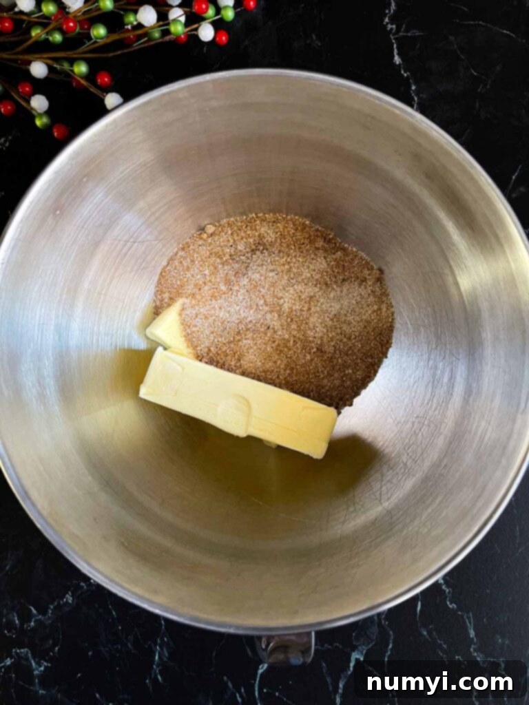 Cozy Chai Sugar Cookies 5 Chai sugar mixture and room temperature butter being creamed in a metal mixing bowl.