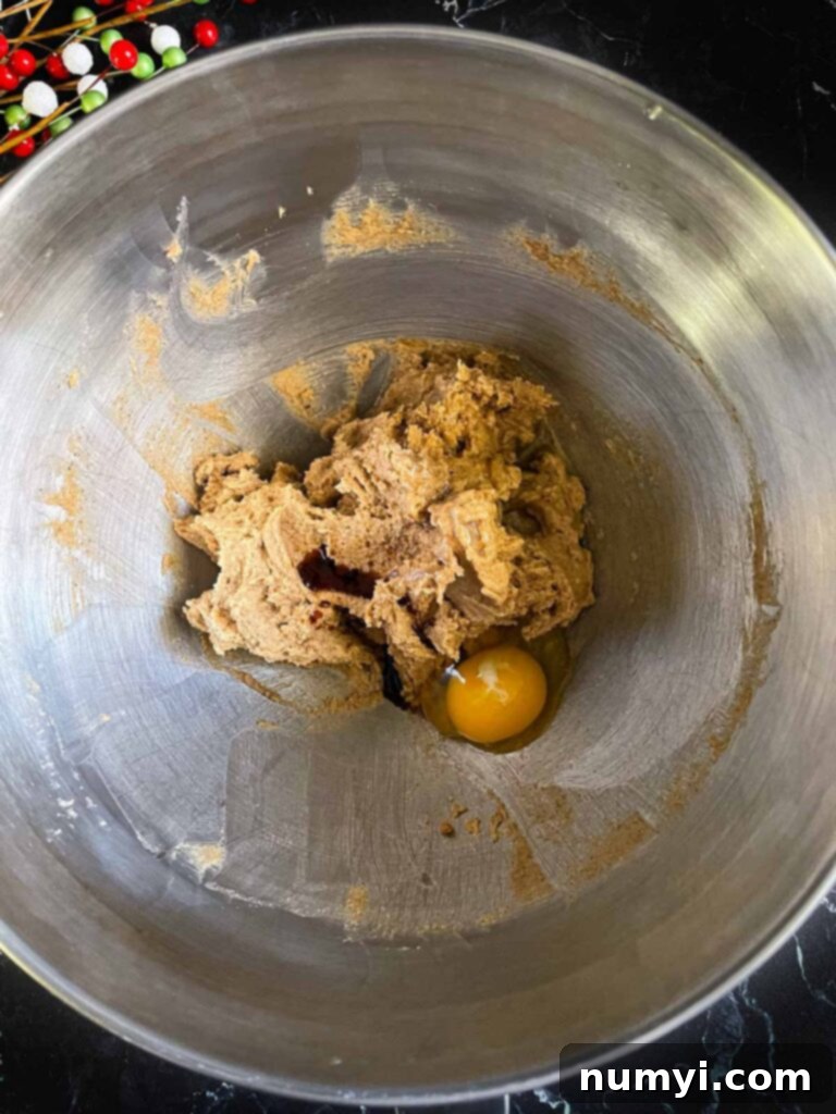 Cozy Chai Sugar Cookies 6 Eggs and vanilla extract added to the creamed butter and chai sugar mixture in a metal bowl, showing the combined wet ingredients.