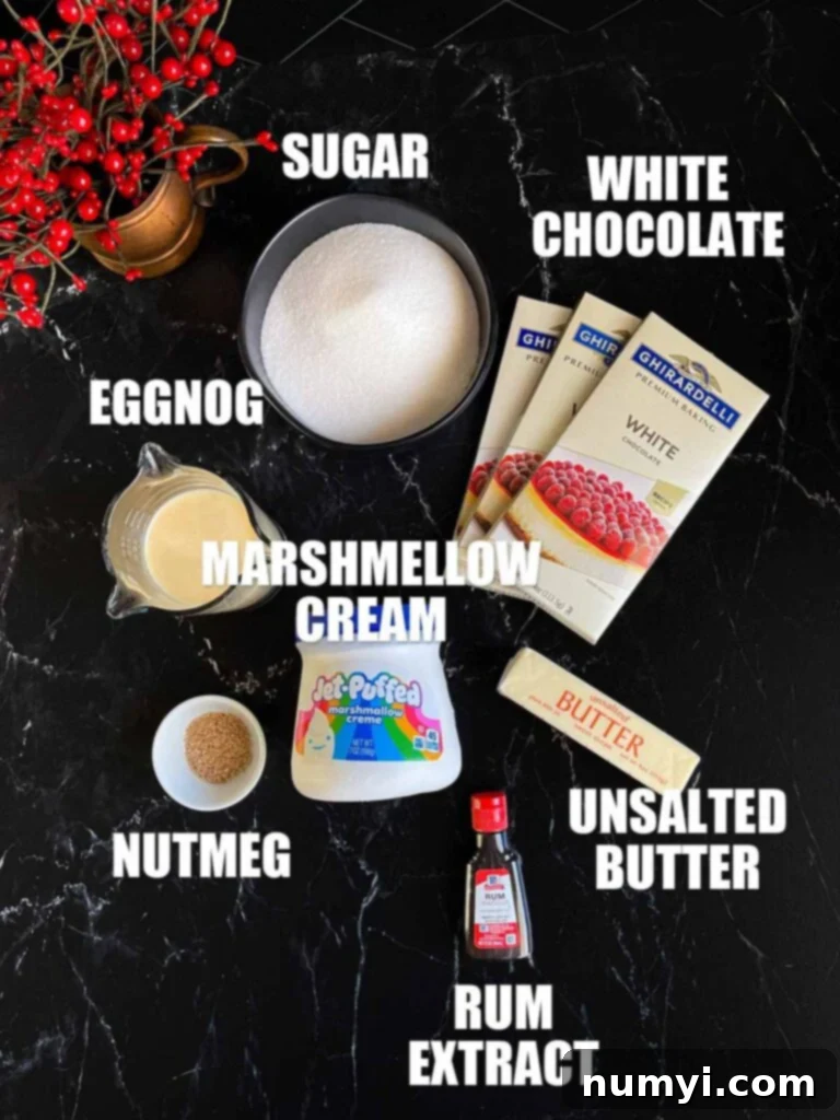 Eggnog fudge ingredients on a dark surface.
