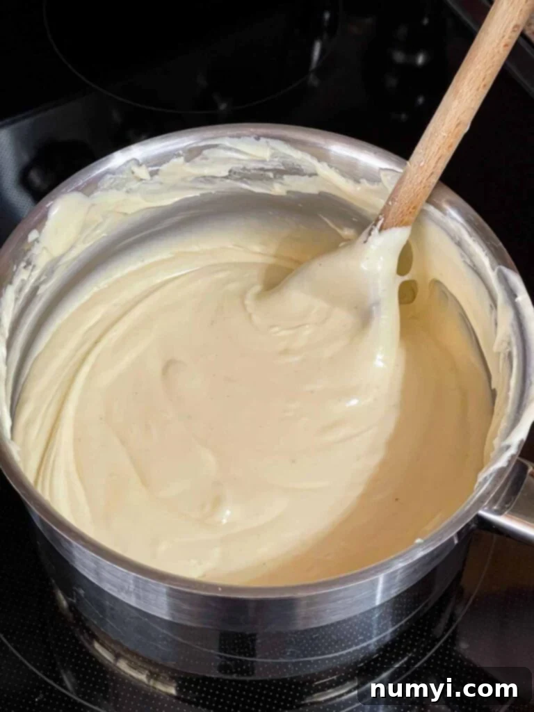 Eggnog fudge in a saucepan.