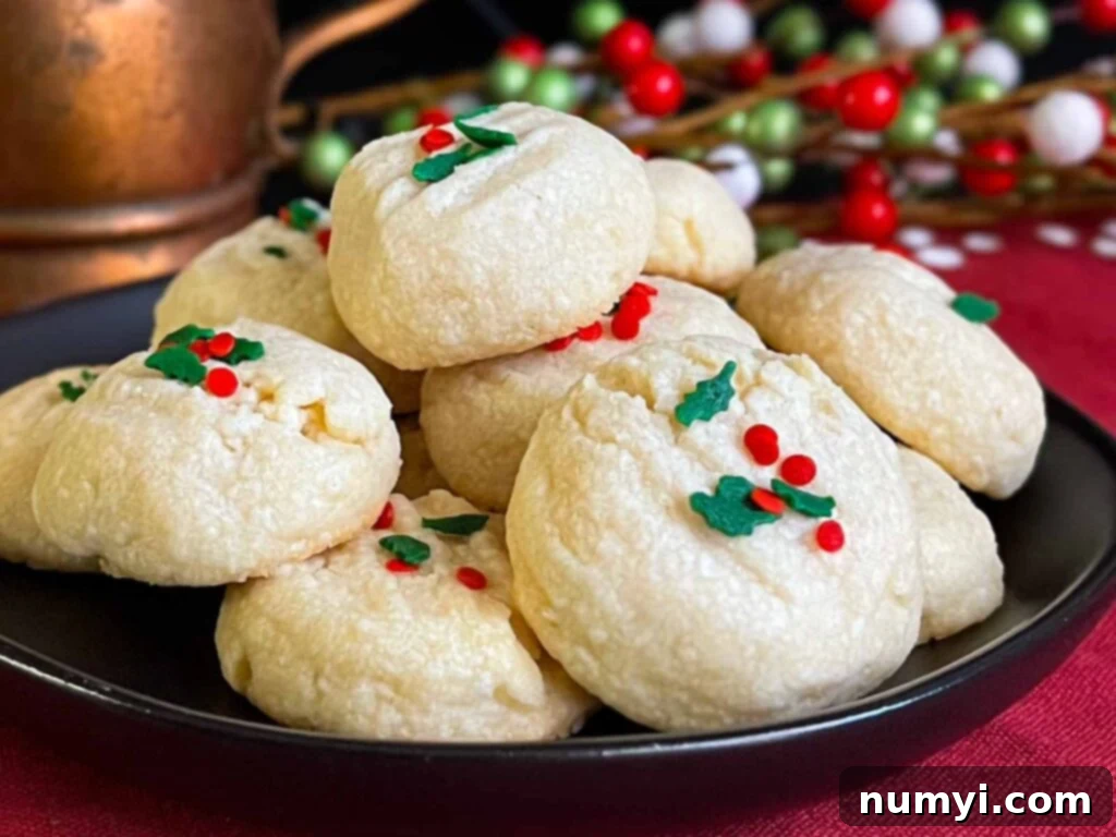 Delicate whipped shortbread cookies artfully stacked on a dark, rustic plate, showcasing their inviting texture.