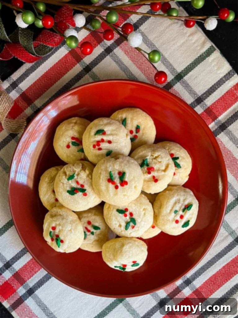 A stack of perfectly baked whipped shortbread cookies, slightly golden at the edges, presented beautifully on a dark plate.