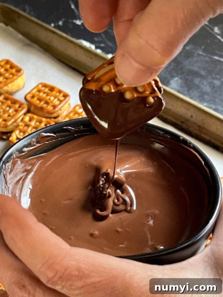 Peanut butter pretzel bite dipped into melted chocolate.