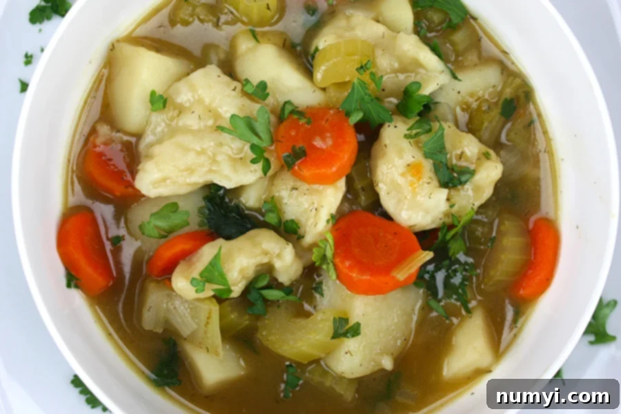 A steaming bowl of hearty vegetable dumpling soup, garnished with fresh parsley, presented beautifully on a table.