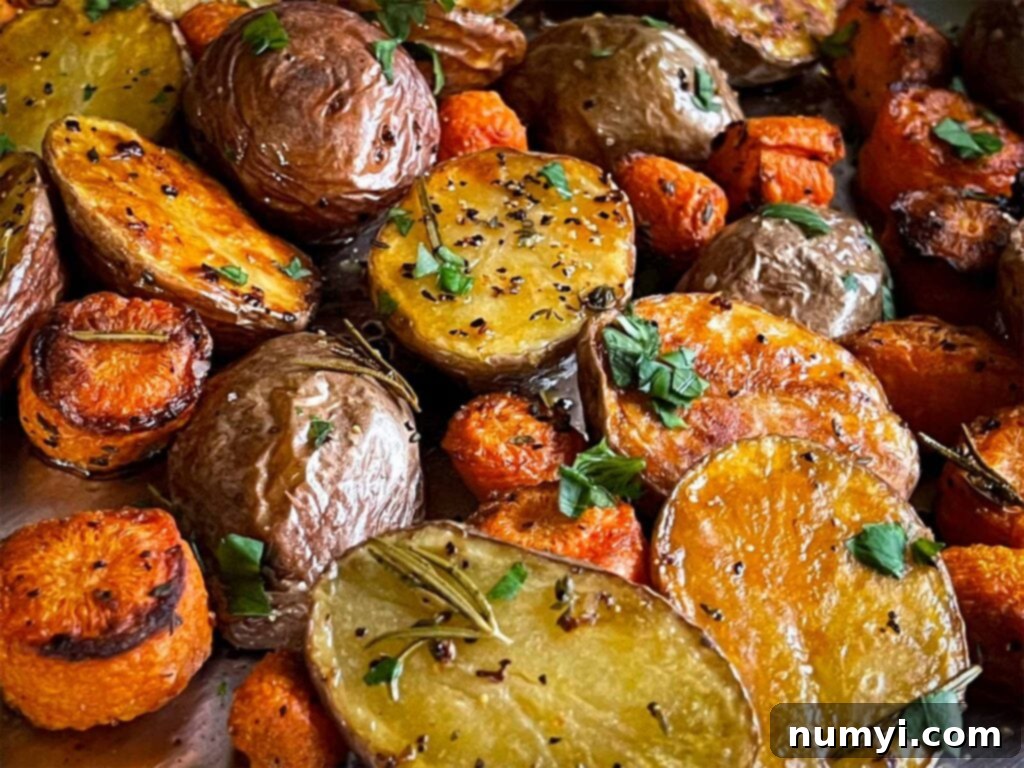 Roasted potatoes and carrots on a baking sheet.