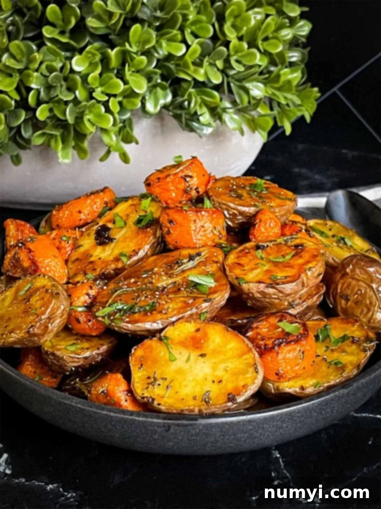 Roasted potatoes and carrots in a dark bowl.