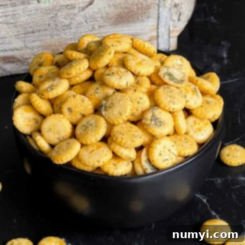 Dill oyster crackers in a dark bowl on a dark surface, ready to be served.