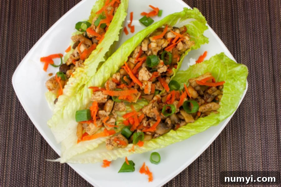 Freshly prepared vegetarian lettuce wraps served on a clean white plate, garnished with green onions and shredded carrots.