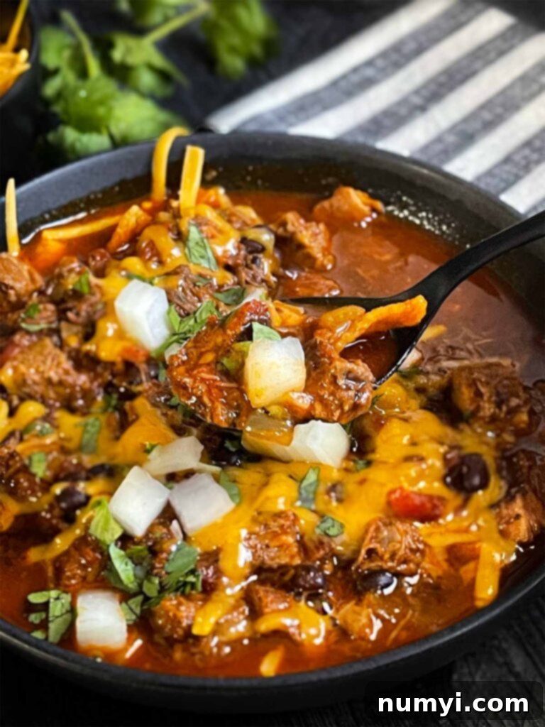 A close-up shot of a bowl of Smoked Brisket Chili, showcasing the tender brisket pieces, rich broth, and a vibrant topping of green onions and shredded cheese, all invitingly presented on a rustic wooden surface.