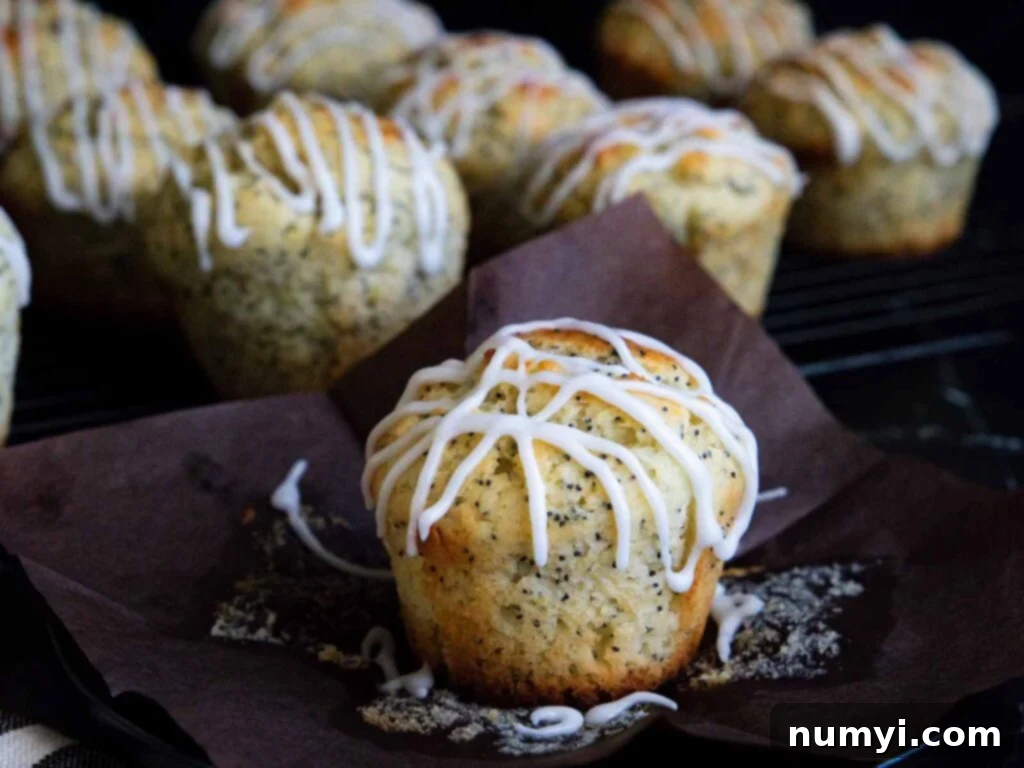 Lemon poppy seed muffin on a dark plate on a dark surface.