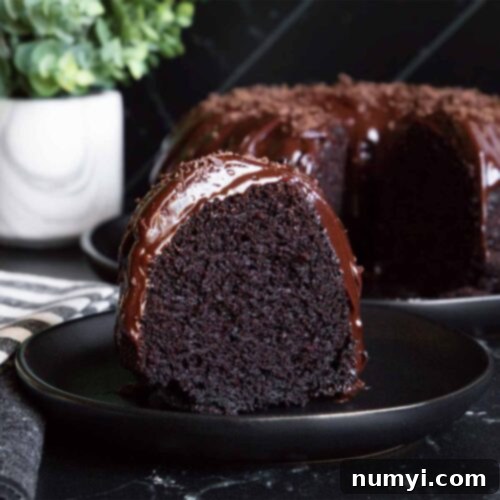 A slice of chocolate bundt cake on a dark plate.