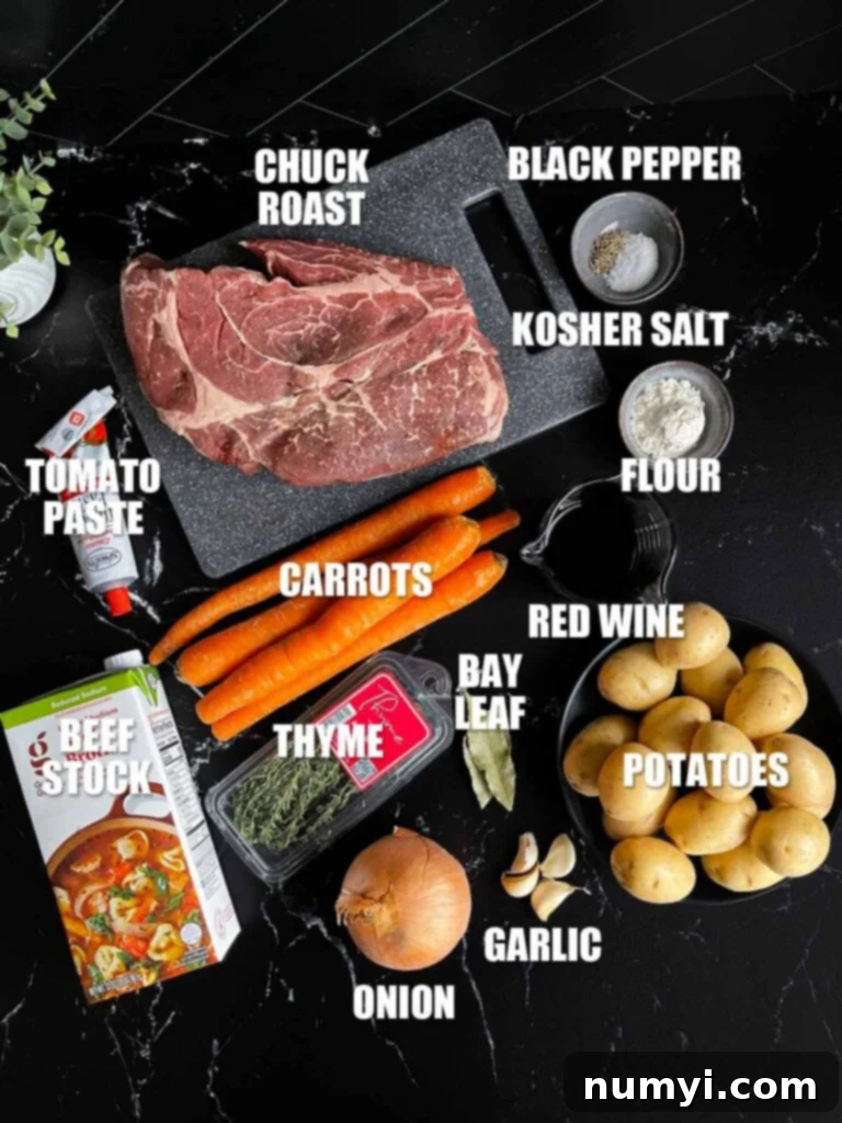 Grandma's Hearty Pot Roast 3 Classic pot roast recipe ingredients on a dark surface.