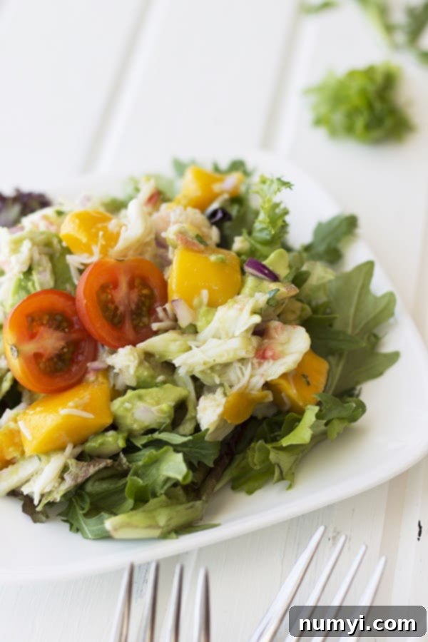 Tropical Crab, Mango, and Avocado Salad 4 A vibrant serving of crab, mango, and avocado salad on a bed of fresh mixed greens, beautifully presented on a pristine white plate.