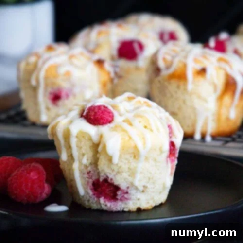 Raspberry muffin on a dark plate garnished with fresh raspberries.