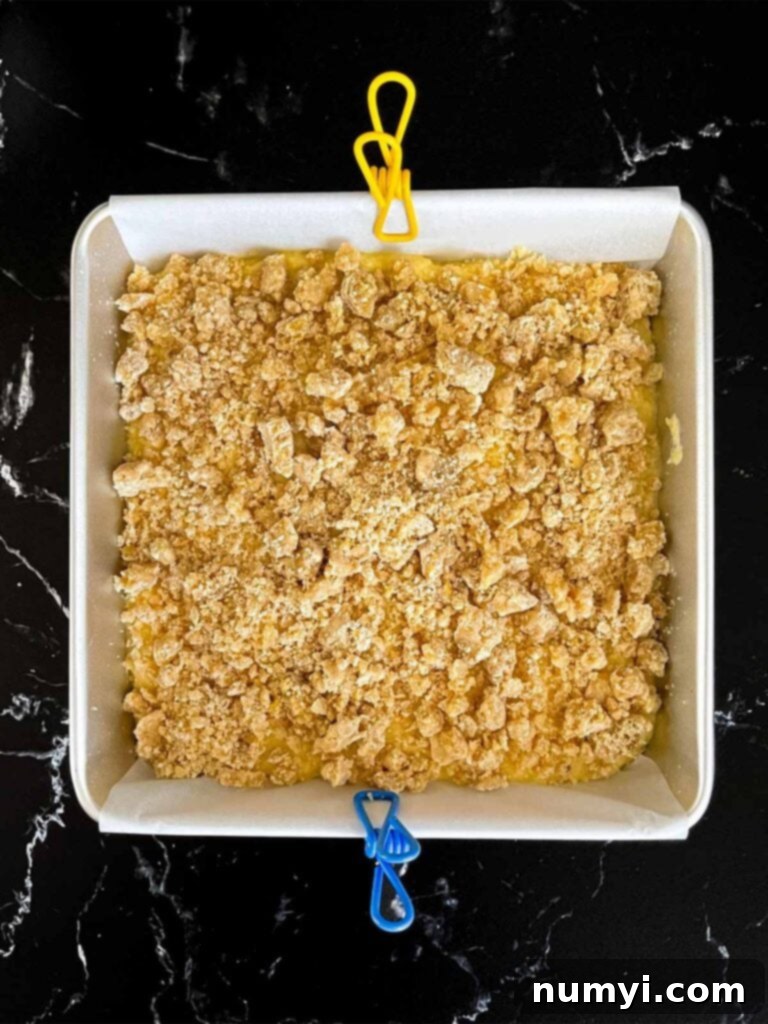 Sunshine Lemon Streusel 11 Crumble sprinkled over the lemon crumb cake batter in the baking pan.