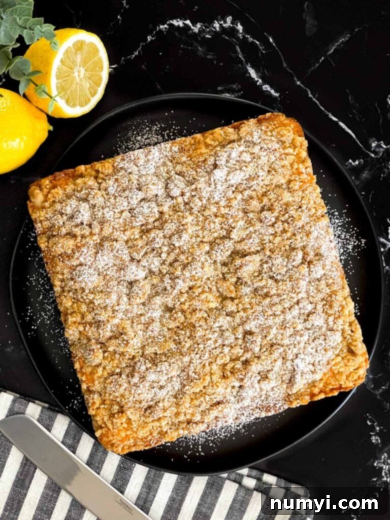 Sunshine Lemon Streusel 12 Baked lemon crumb cake dusted with powdered sugar on a dark plate on a dark surface.