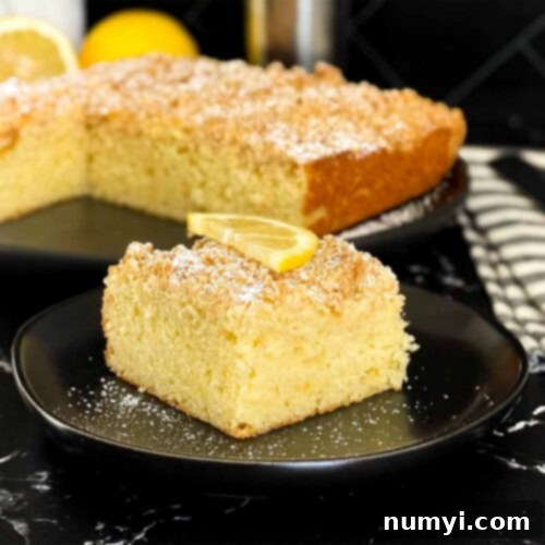 Sunshine Lemon Streusel 13 A slice of lemon crumb cake dusted with powdered sugar and garnished with a lemon slice on a dark plate on a dark surface.