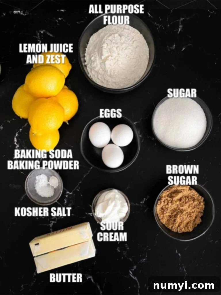 Sunshine Lemon Streusel 3 Lemon crumb cake recipe ingredients on a dark surface.