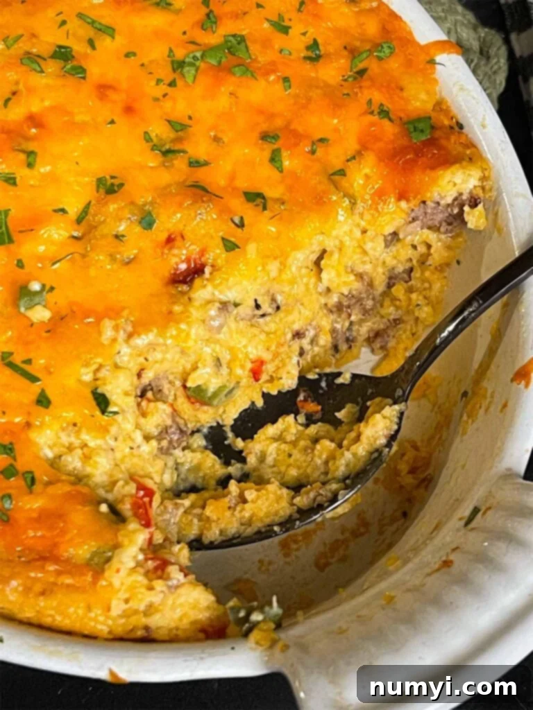 Cheesy Sausage Grits Bake 15 Baked sausage and cheese grits in a casserole dish with a serving cut out.