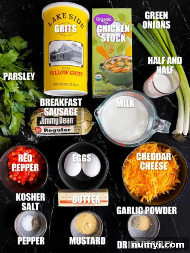Cheesy Sausage Grits Bake 3 Ingredients needed to make sausage and cheese grits casserole.