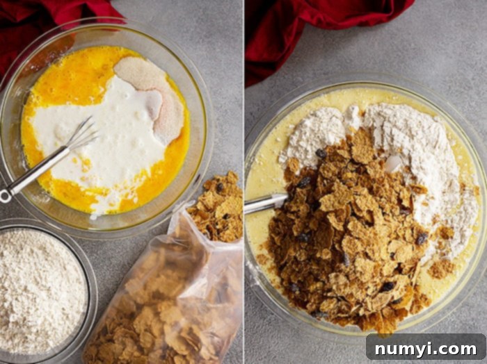 Step-by-step pictures showing the process of mixing the batter for Raisin Bran Muffins, from wet ingredients to adding cereal and flour.