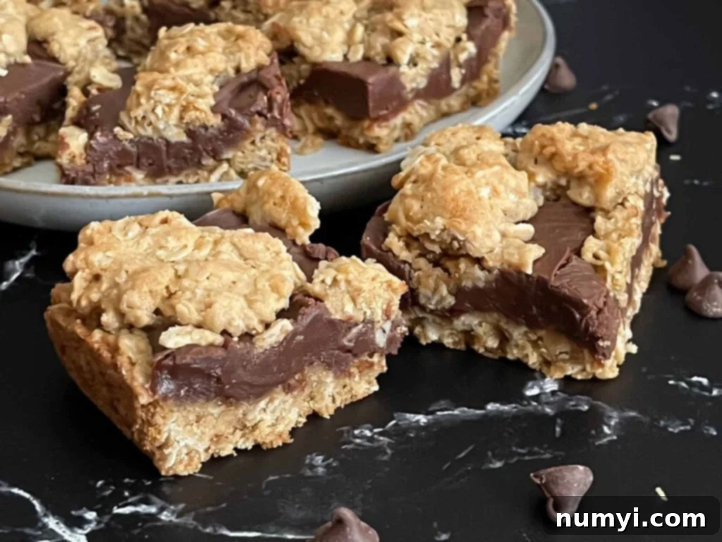 Oatmeal fudge bars on a dark surface in front of a plate of more bars.
